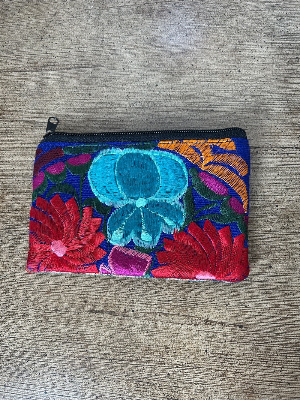 Hand Embroidered Floral Zip Pouch – Coin Purse. Bright Multicolor. Folk Art.